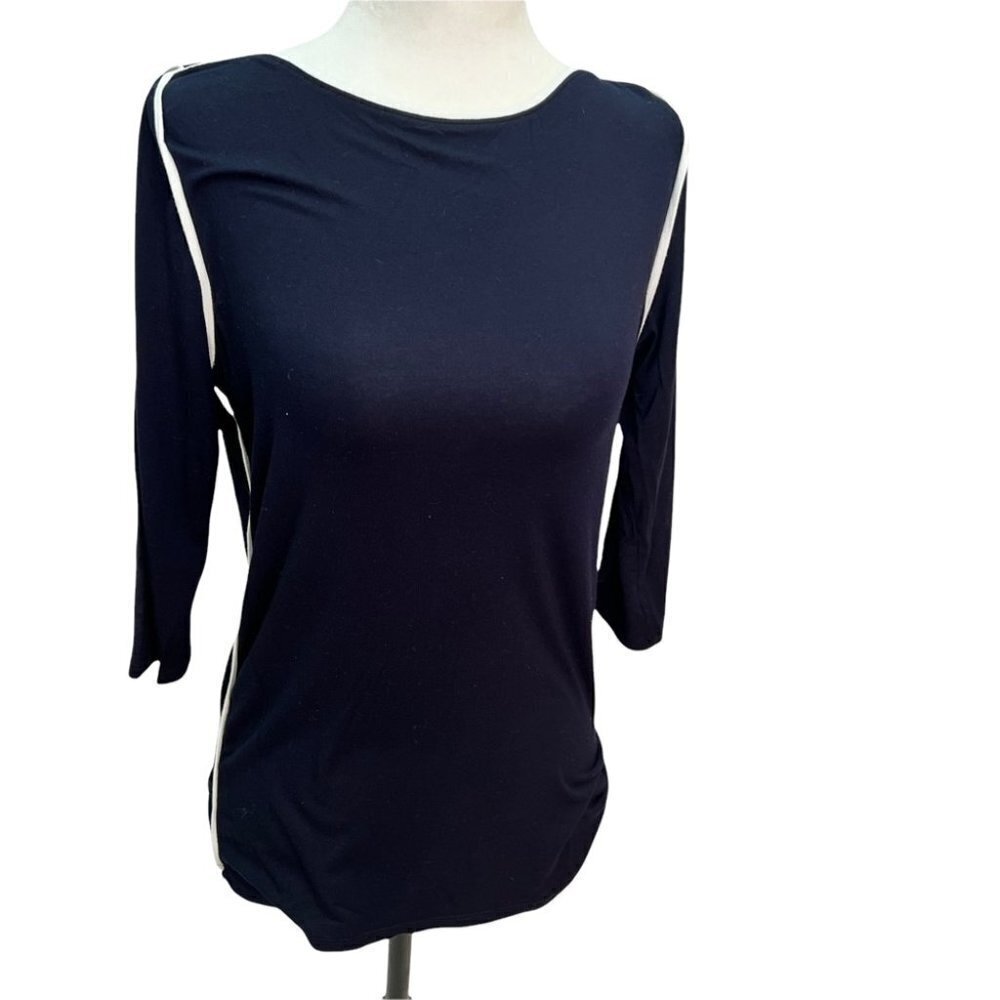 𝅺TAHARI Elements Black Top Blouse White Piping 3/4 Sleeves Size S